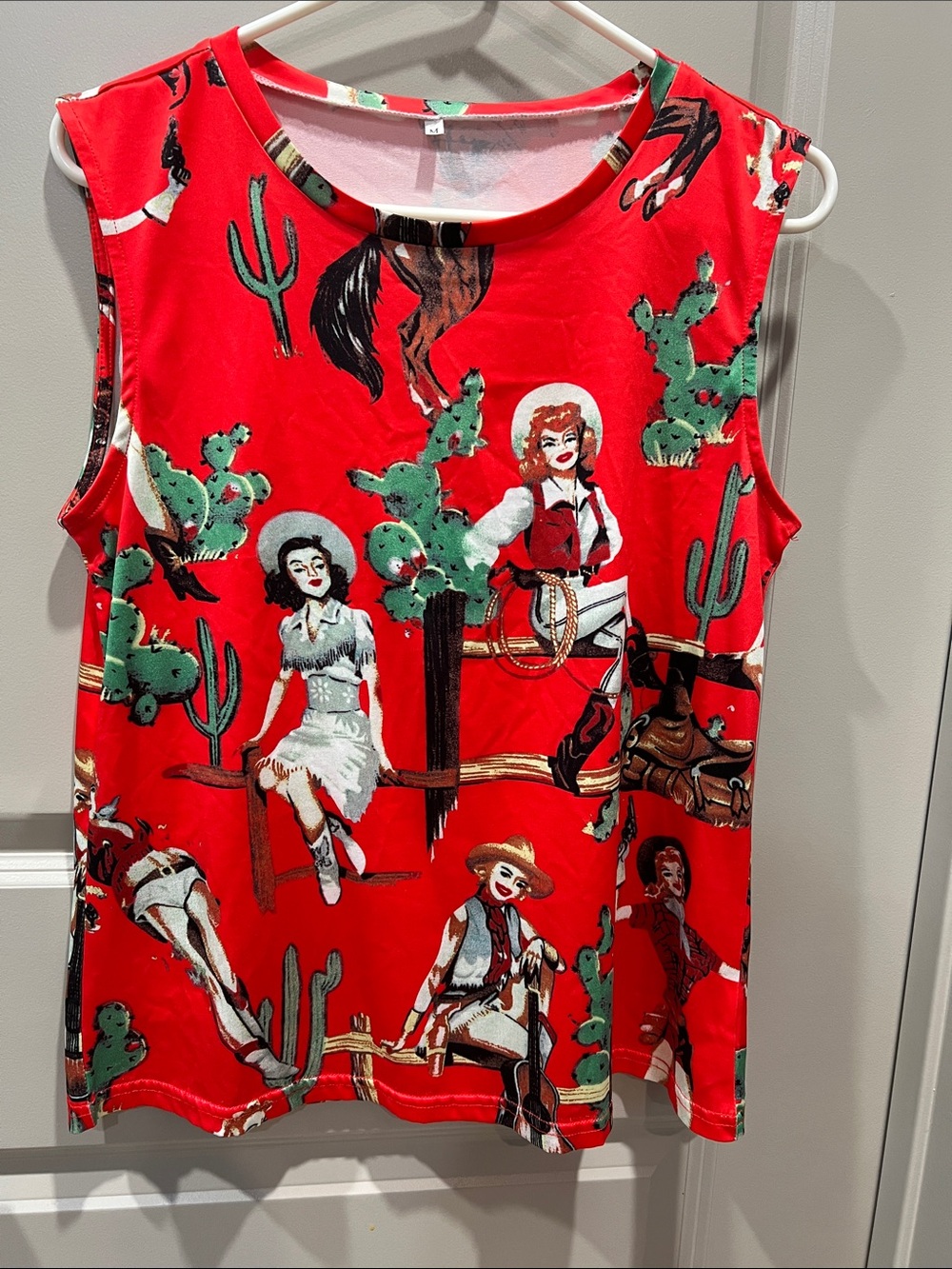 Red Western Print Sleeveless Tank Top